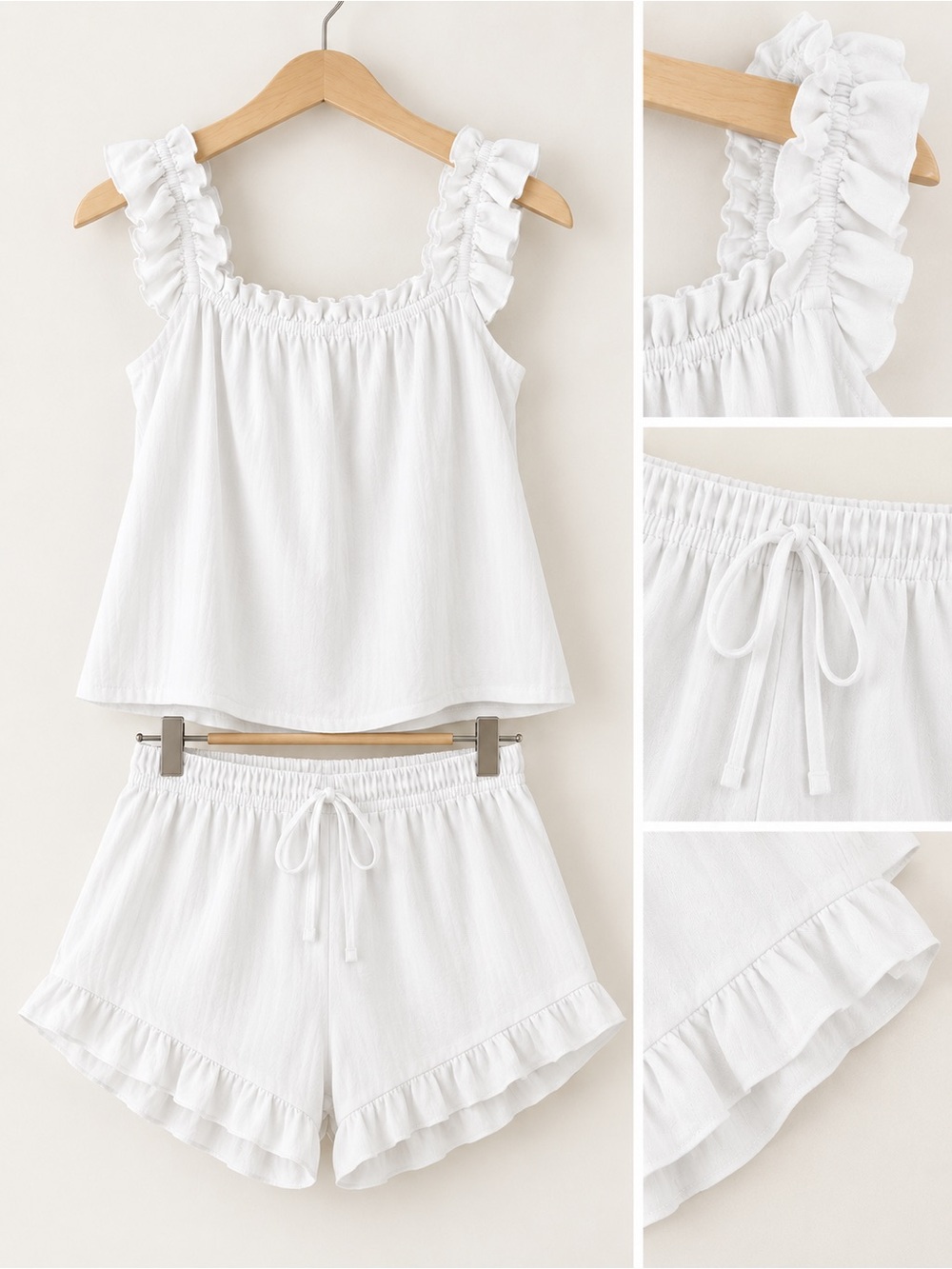 Women’s White Ruffle Two-Piece Lounge Sleep Set